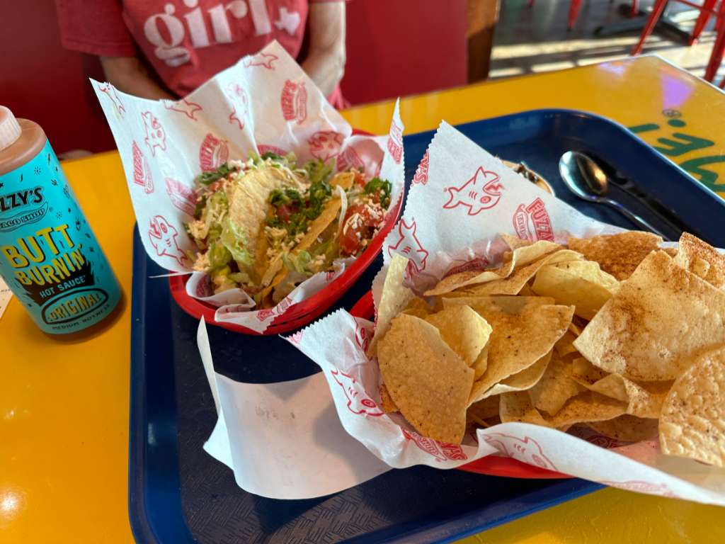 Fuzzy's Brisket Tacos and Chips with Queso Ground Beef
